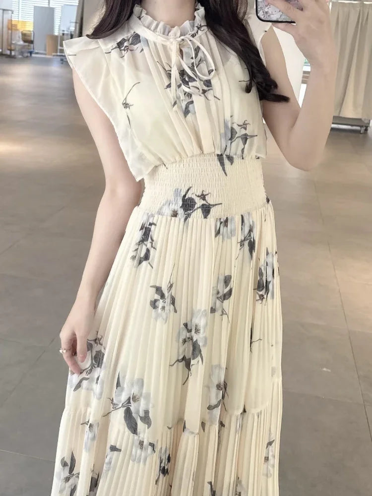 Neploe Fresh Mid-length Print High Waist Robe New Gentle Literary Lace Up Pleated Slim Exquisite Mujer Japan New Elegant Dress