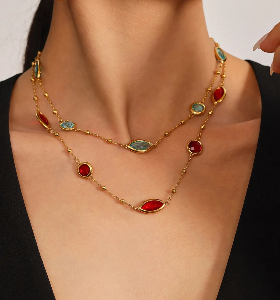 Stainless Steel Chain Necklaces Bracelet For Women 18k Gold Plated With Colorful Faceted Czech Glass Crystal Necklace Bracelets