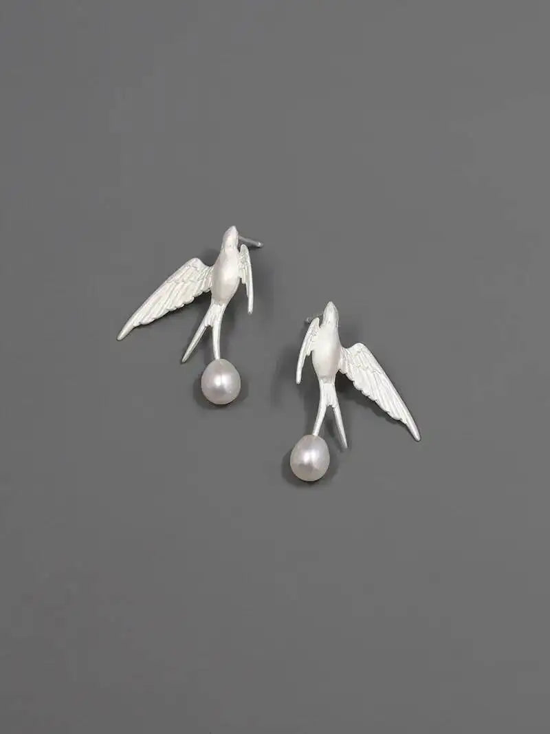 GEEZENCA 925 Silver Pearl 3D Swallow Bird Statement Earrings Women Designer Trendy Dainty Unique Stud Earring Party Gift For Her