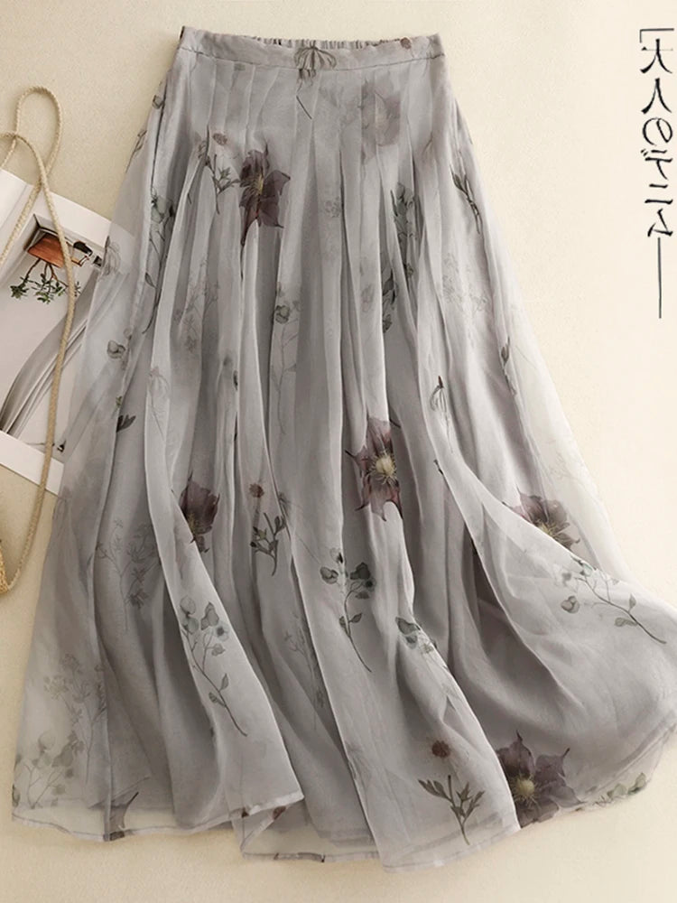 Retro Cotton Linen Double Layer A-Line Skirt High Waist Pleated Draped Ele Summer Long Skirts for plus Size Women