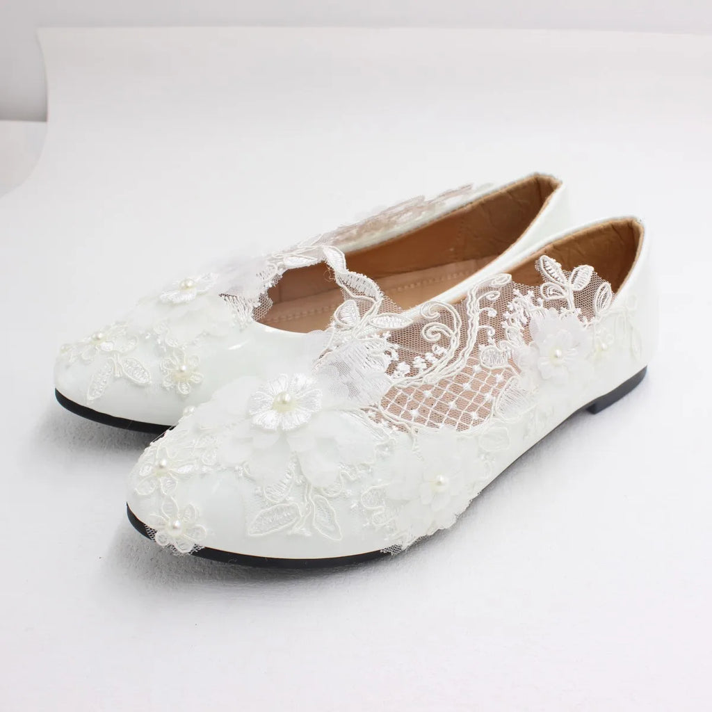 New Spring Lace Wedding Shoes White Flat Bride Shoes Original Design Princess Women's Single Shoes Suitable for Wedding Dress Ph