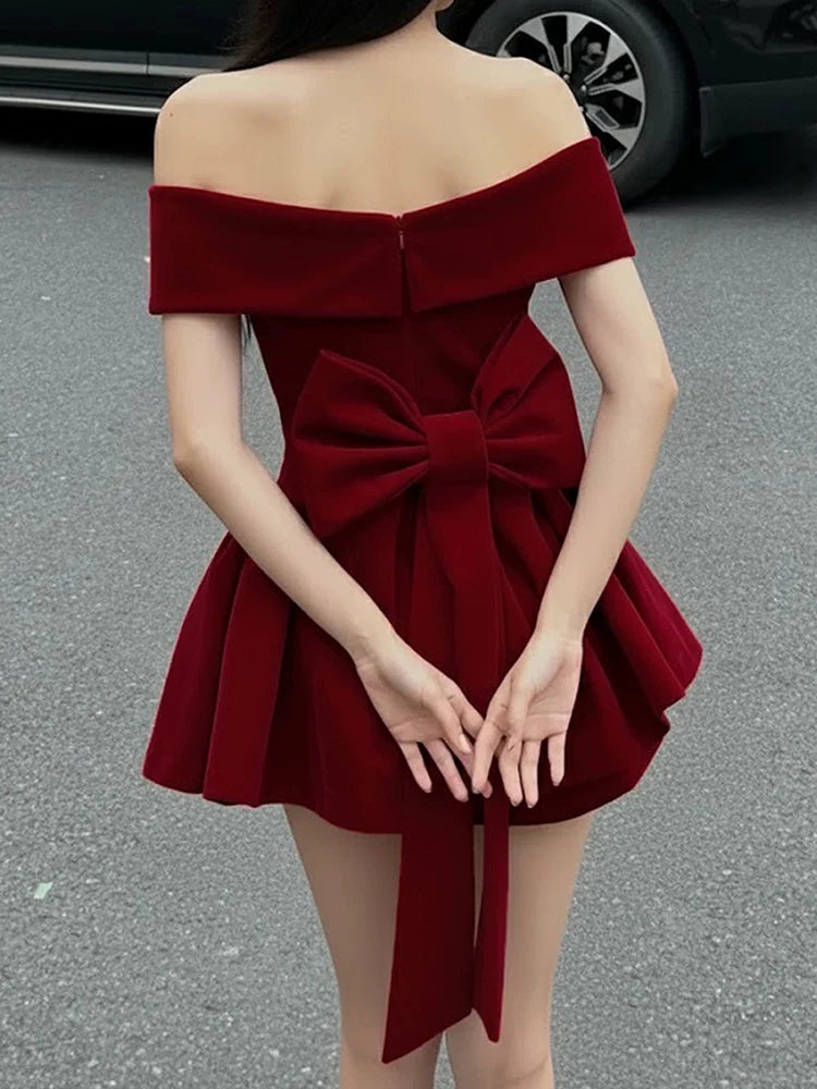 Sisterlind Bow Patchwork Dress Women Noble Chic Slash Neck Sleeveless Zip Ruffled Ruched Stretch Party Prom Banquet Sexy Bodycon