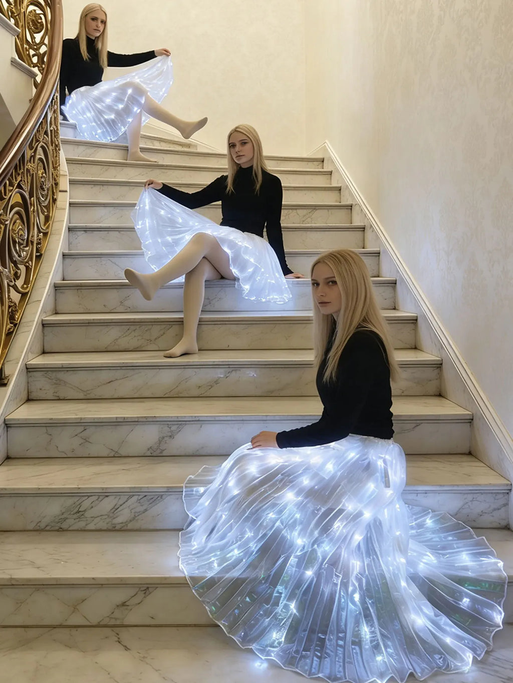 LED skirt, pleated dance skirt, elegant transparent white light celebration performance costume for the stage.