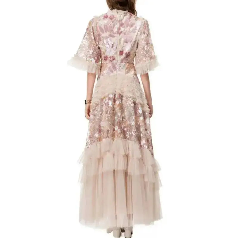 QMQA Fashion Women's Elegant Dress Embroidery Sequin Flare Sleeve Ruffle Puff Cake Dresses 2025 Summer New Female Clothing QM648