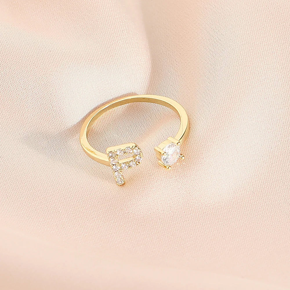 925 Sterling Silver Letter Gold Stackable Alphabet Rings with Initial Adjustable Crystal Inlaid Initial Rings Bridesmaid Gift