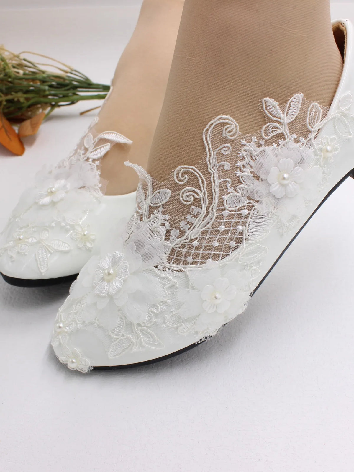 New Spring Lace Wedding Shoes White Flat Bride Shoes Original Design Princess Women's Single Shoes Suitable for Wedding Dress Ph