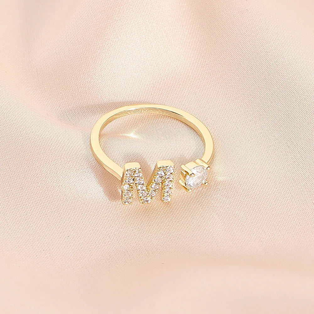 925 Sterling Silver Letter Gold Stackable Alphabet Rings with Initial Adjustable Crystal Inlaid Initial Rings Bridesmaid Gift