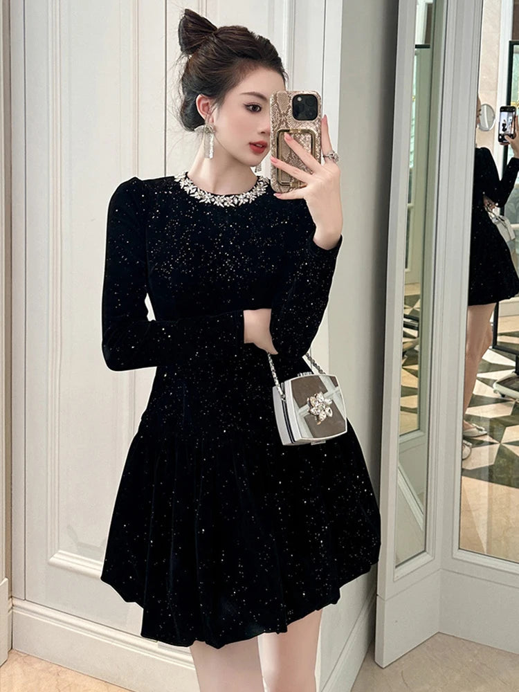 Women's Clothing Retro Sweet Party Dress French Elegant Shiny Sequin Short Ball Gown Feminino Birthday Prom Vestidos Fiesta Lady