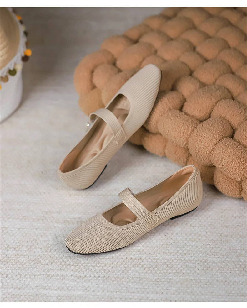 2024 Leisure Weaving Flats Women Ankle Strap Pearl Mary Stretch Fabric Ballerina  Knitting Moccasins  Mesh Ballet Solid Color