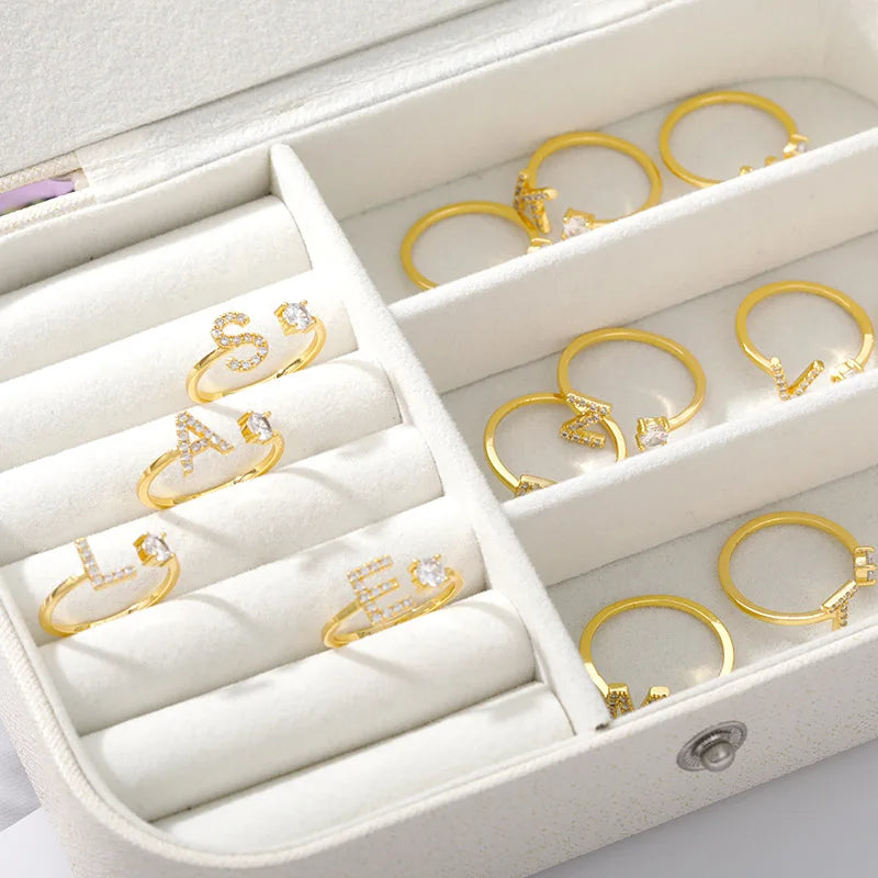 925 Sterling Silver Letter Gold Stackable Alphabet Rings with Initial Adjustable Crystal Inlaid Initial Rings Bridesmaid Gift