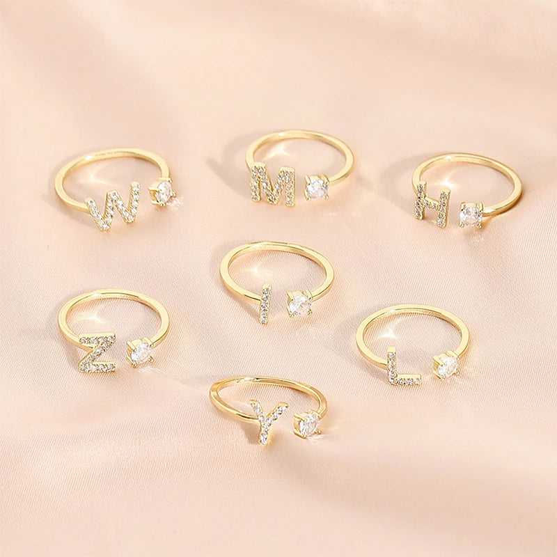 925 Sterling Silver Letter Gold Stackable Alphabet Rings with Initial Adjustable Crystal Inlaid Initial Rings Bridesmaid Gift