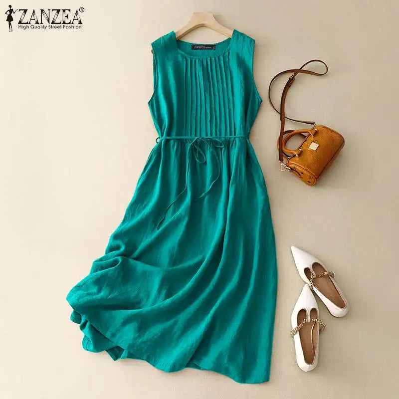 ZANZEA Women Round Neck A-lin Midi Dress Korean Casual Tank Robe Casual Solid Pleated Vestidos 2024 Summer Sleeveless Sundress