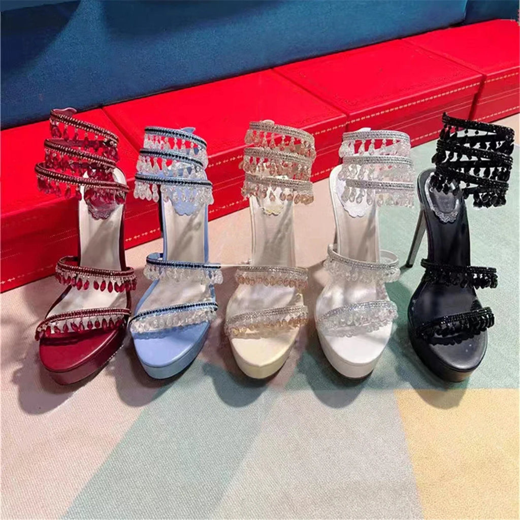 Summer new pearl rhinestone wrapped sexy waterproof platform sandals thin high-heeled banquet dress large size women's shoes