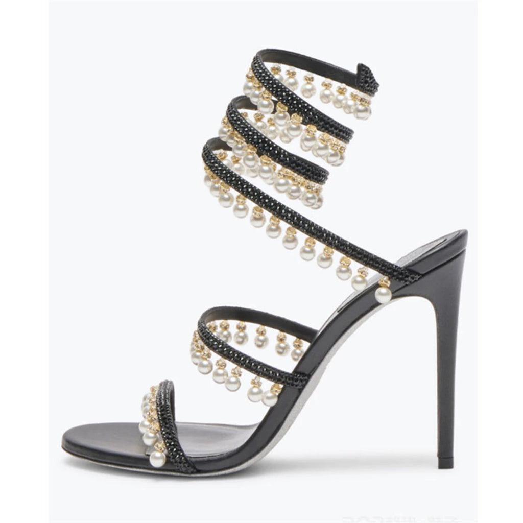 Summer new pearl rhinestone wrapped sexy waterproof platform sandals thin high-heeled banquet dress large size women's shoes