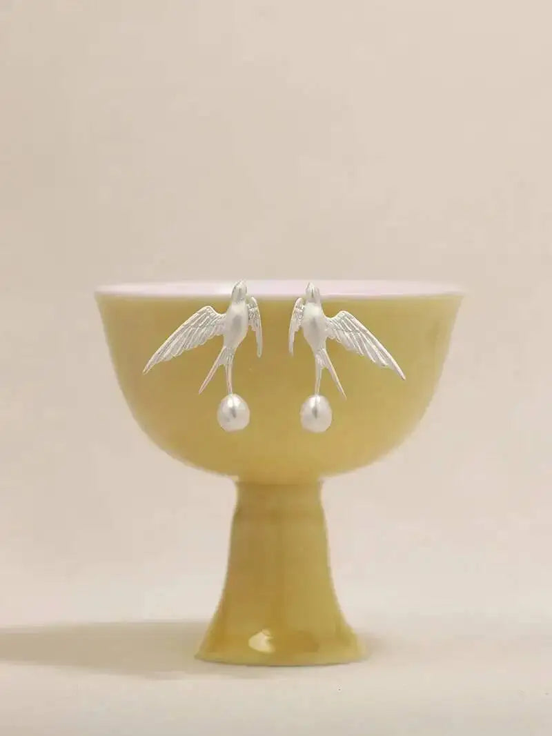 GEEZENCA 925 Silver Pearl 3D Swallow Bird Statement Earrings Women Designer Trendy Dainty Unique Stud Earring Party Gift For Her
