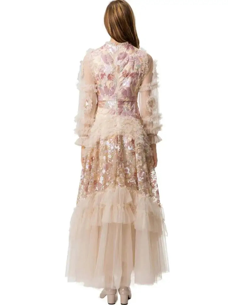 QMQA Fashion Women's Elegant Dress Embroidery Sequin Flare Sleeve Ruffle Puff Cake Dresses 2025 Summer New Female Clothing QM648