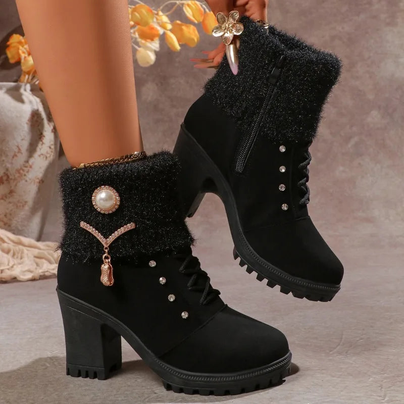 Square Heel Women Winter Shoes Classic Buckle Warm Fur Snow Ladies Boots High Heels Black Platform Ankle Boots Women Comfortable