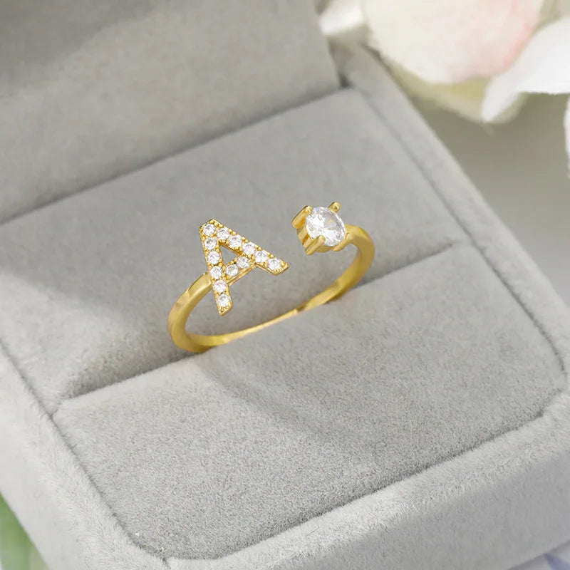925 Sterling Silver Letter Gold Stackable Alphabet Rings with Initial Adjustable Crystal Inlaid Initial Rings Bridesmaid Gift