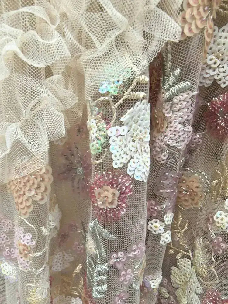 QMQA Fashion Women's Elegant Dress Embroidery Sequin Flare Sleeve Ruffle Puff Cake Dresses 2025 Summer New Female Clothing QM648