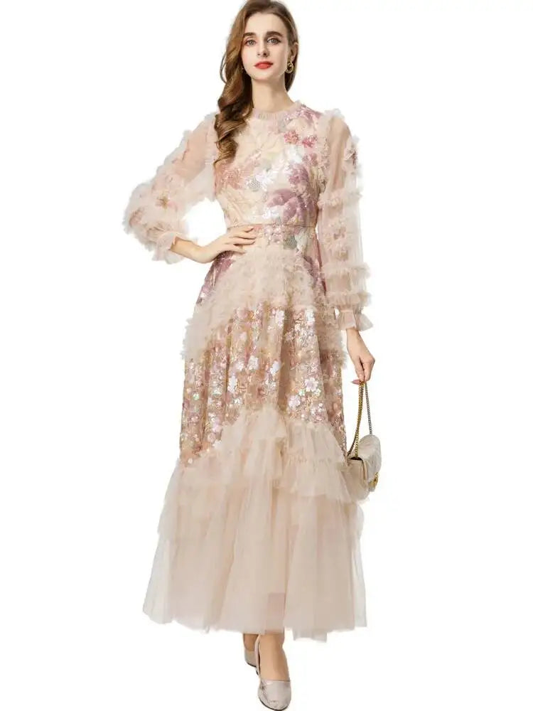 QMQA Fashion Women's Elegant Dress Embroidery Sequin Flare Sleeve Ruffle Puff Cake Dresses 2025 Summer New Female Clothing QM648