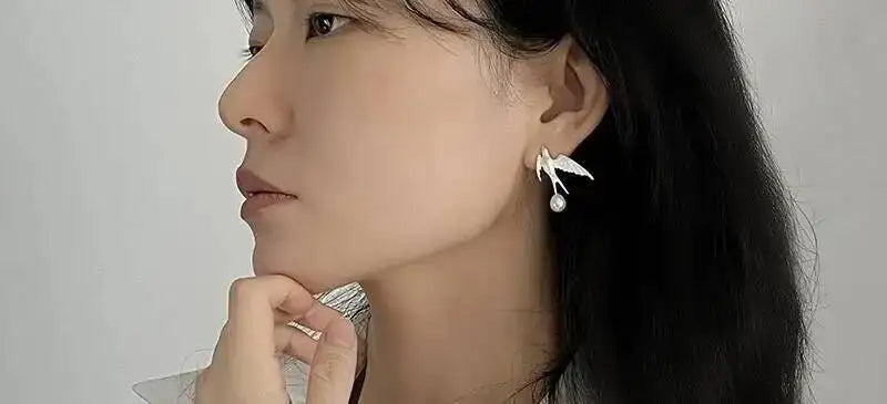 GEEZENCA 925 Silver Pearl 3D Swallow Bird Statement Earrings Women Designer Trendy Dainty Unique Stud Earring Party Gift For Her