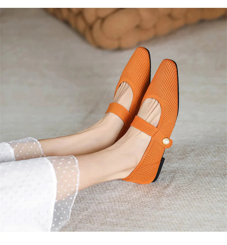 2024 Leisure Weaving Flats Women Ankle Strap Pearl Mary Stretch Fabric Ballerina  Knitting Moccasins  Mesh Ballet Solid Color