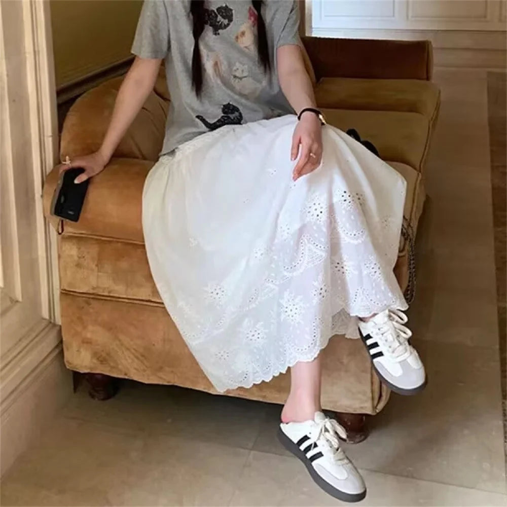 New Women's Summer Sweet White Cotton Crochet Long Skirt Spring 2025 Casual Skirts Lace up Embroidery Patchwork A-line Skirt
