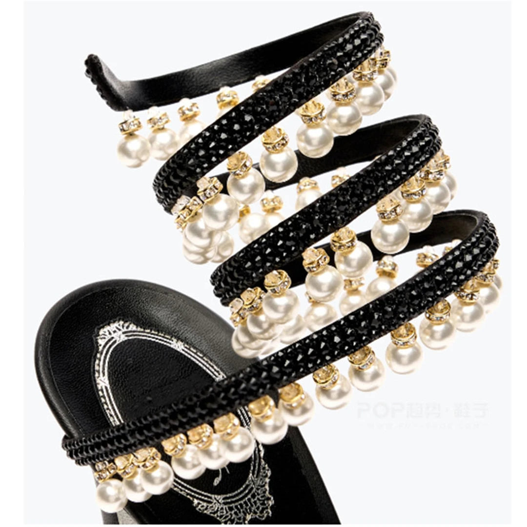 Summer new pearl rhinestone wrapped sexy waterproof platform sandals thin high-heeled banquet dress large size women's shoes