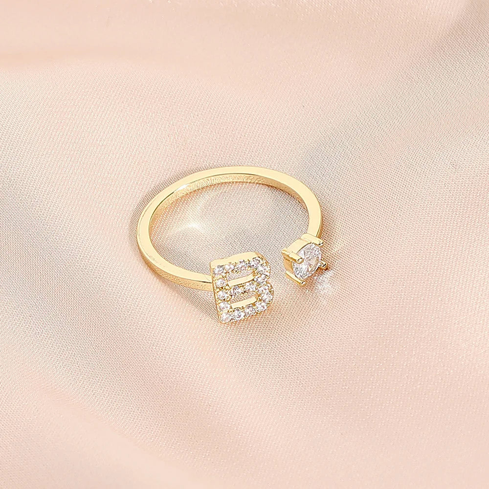 925 Sterling Silver Letter Gold Stackable Alphabet Rings with Initial Adjustable Crystal Inlaid Initial Rings Bridesmaid Gift