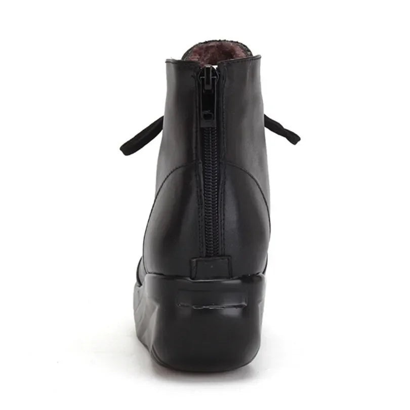 TIMETANG    Solid Black Women Boots Lace Up Genuine Leather Winter Boots Warm Wedges Platform Swing Shoes Big Size Short Shoes