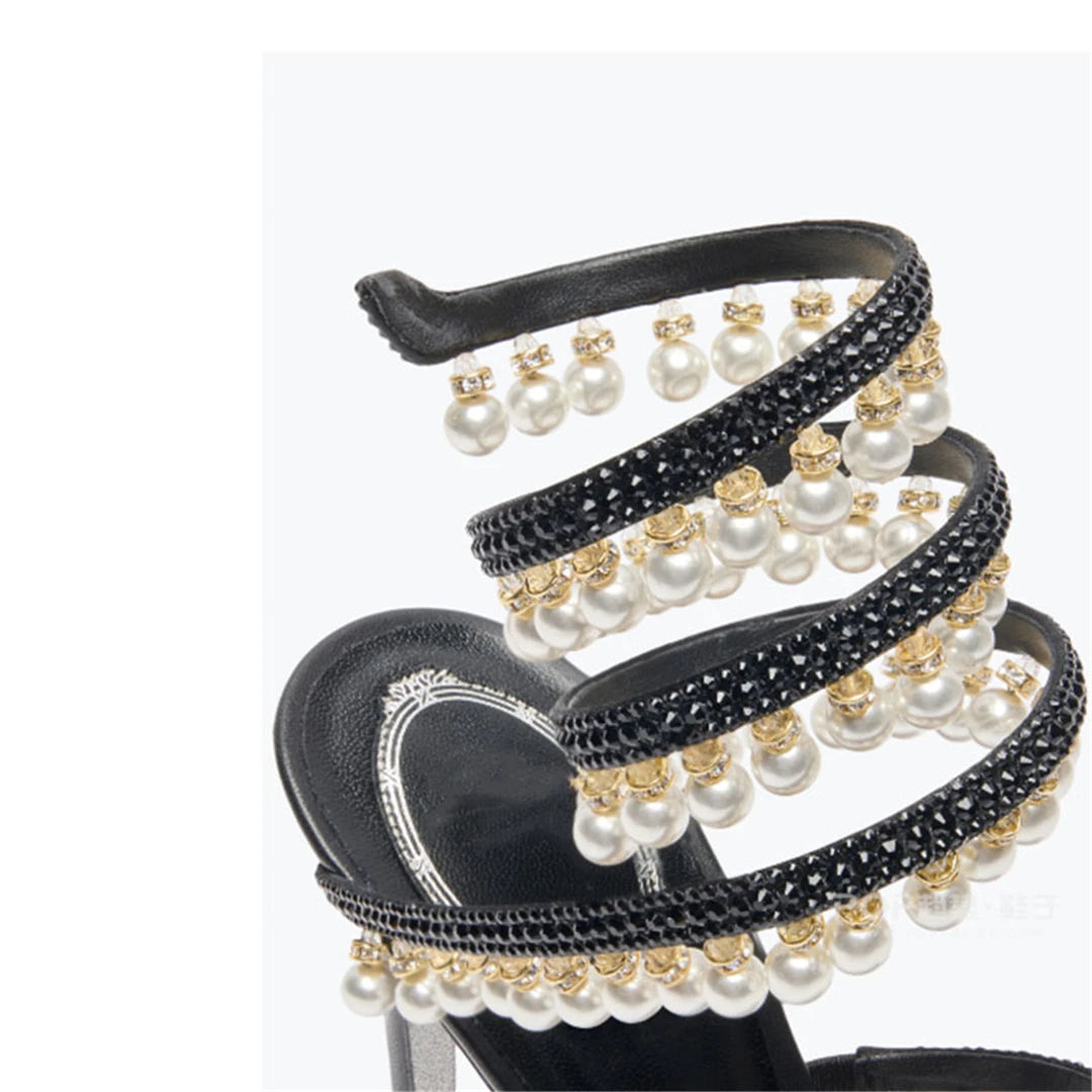 Summer new pearl rhinestone wrapped sexy waterproof platform sandals thin high-heeled banquet dress large size women's shoes