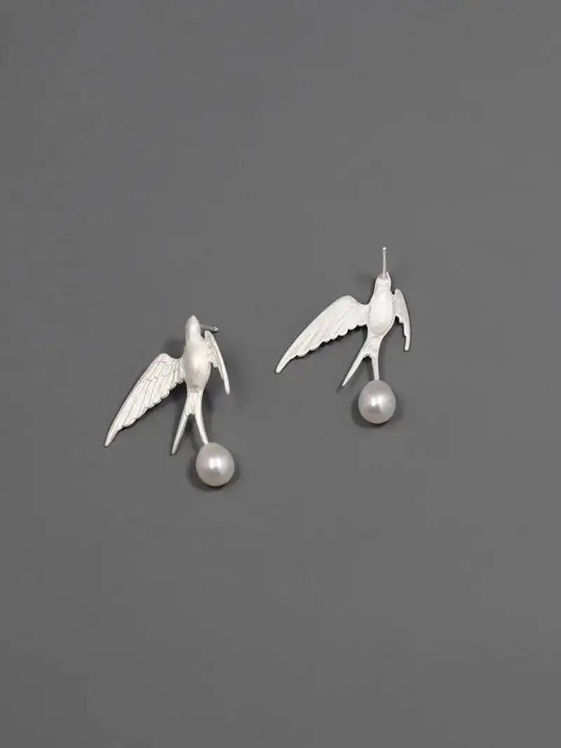 GEEZENCA 925 Silver Pearl 3D Swallow Bird Statement Earrings Women Designer Trendy Dainty Unique Stud Earring Party Gift For Her