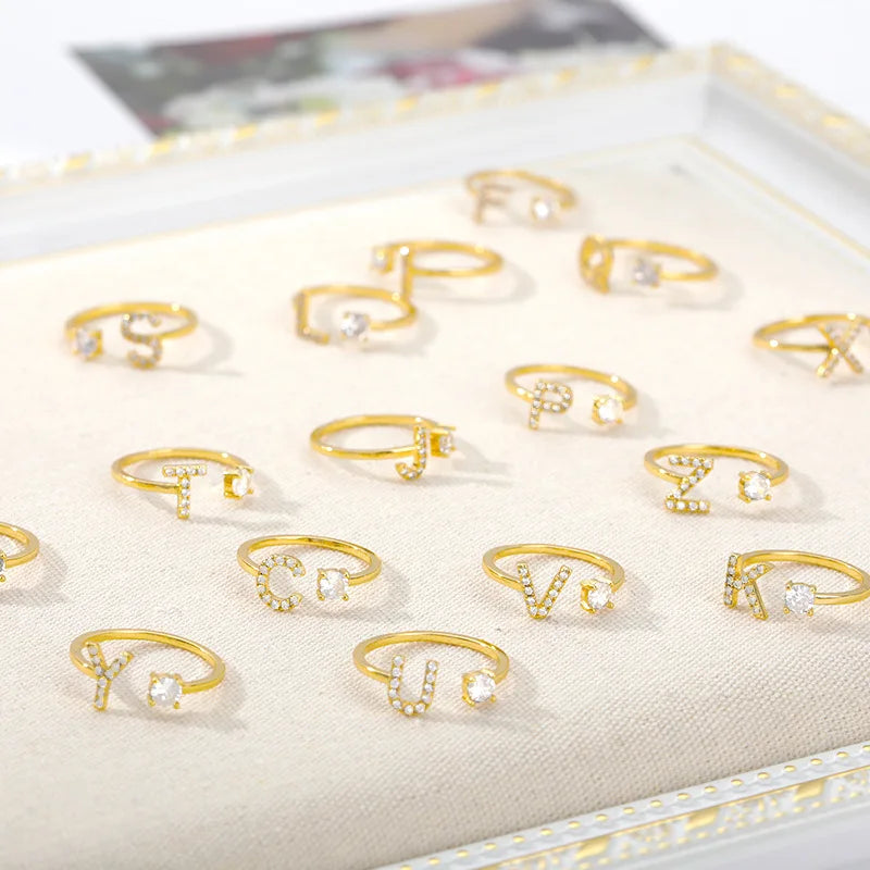 925 Sterling Silver Letter Gold Stackable Alphabet Rings with Initial Adjustable Crystal Inlaid Initial Rings Bridesmaid Gift