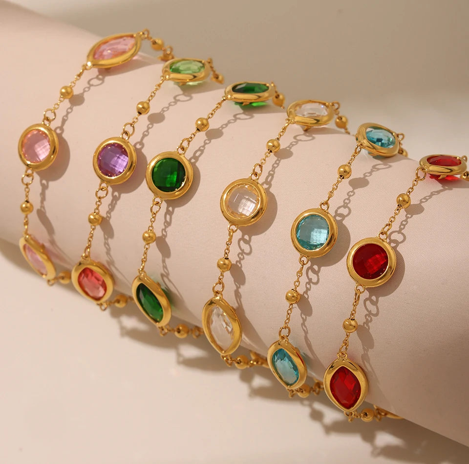 Stainless Steel Chain Necklaces Bracelet For Women 18k Gold Plated With Colorful Faceted Czech Glass Crystal Necklace Bracelets