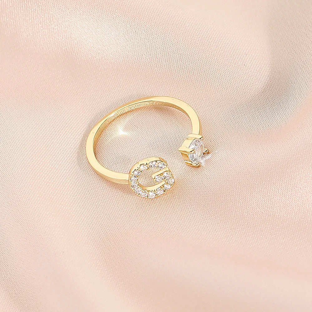 925 Sterling Silver Letter Gold Stackable Alphabet Rings with Initial Adjustable Crystal Inlaid Initial Rings Bridesmaid Gift