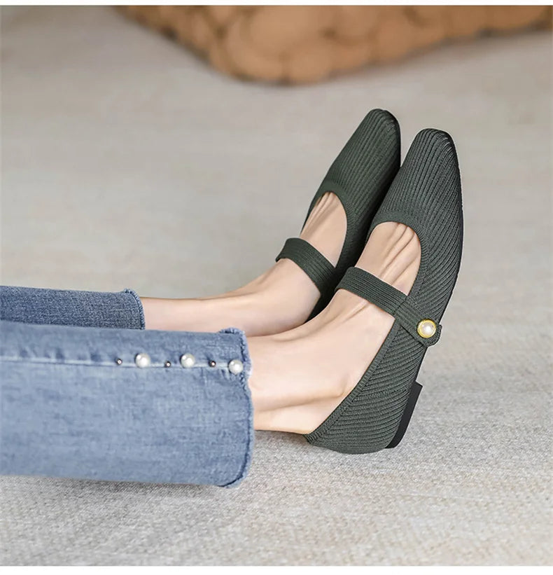 2024 Leisure Weaving Flats Women Ankle Strap Pearl Mary Stretch Fabric Ballerina  Knitting Moccasins  Mesh Ballet Solid Color