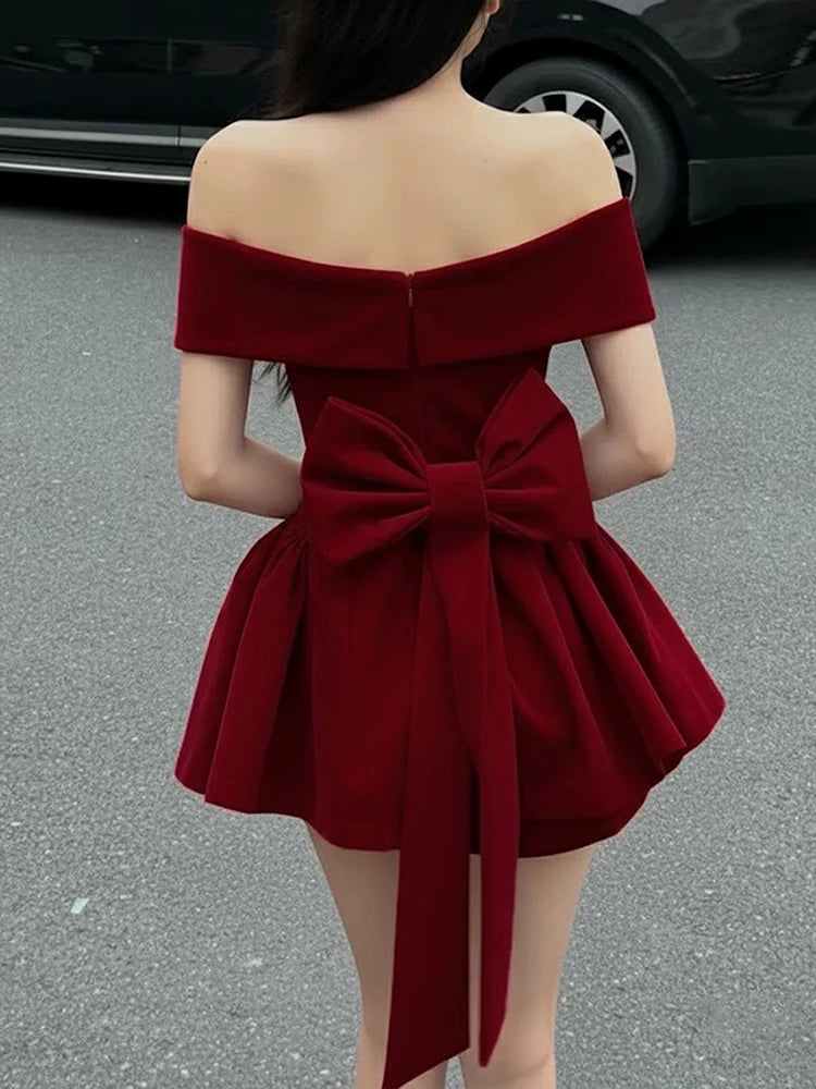 Sisterlind Bow Patchwork Dress Women Noble Chic Slash Neck Sleeveless Zip Ruffled Ruched Stretch Party Prom Banquet Sexy Bodycon