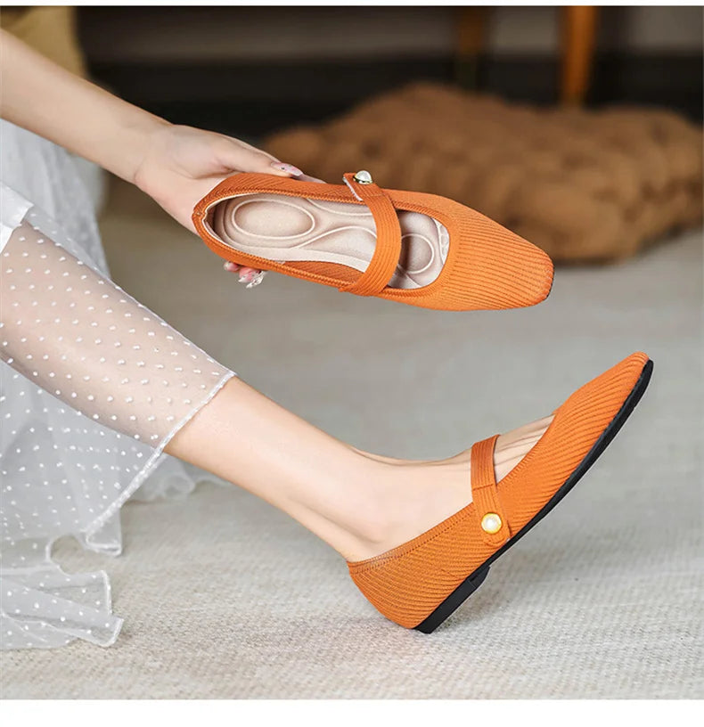 2024 Leisure Weaving Flats Women Ankle Strap Pearl Mary Stretch Fabric Ballerina  Knitting Moccasins  Mesh Ballet Solid Color