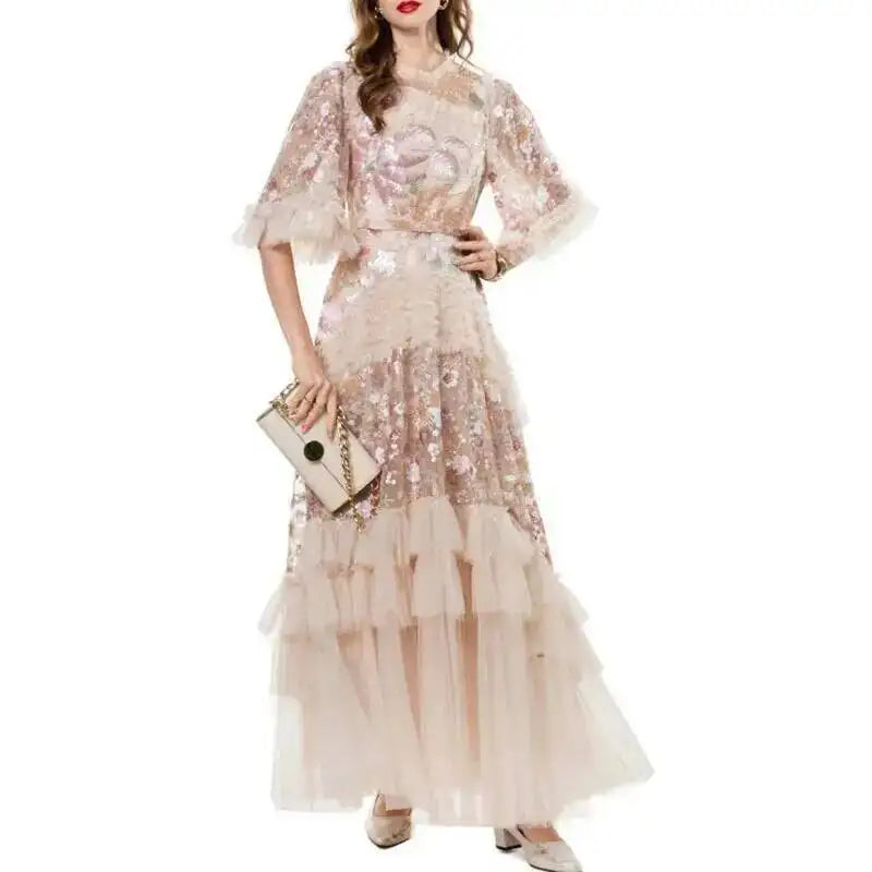 QMQA Fashion Women's Elegant Dress Embroidery Sequin Flare Sleeve Ruffle Puff Cake Dresses 2025 Summer New Female Clothing QM648