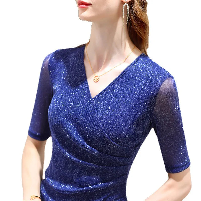 Women's Clothing 2022 Latest Fashion Blouses Elegant Summer T Shirt Free Shiping Elastic Glitter Blouses or Tops for Woman