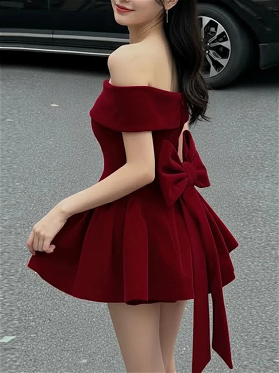Sisterlind Bow Patchwork Dress Women Noble Chic Slash Neck Sleeveless Zip Ruffled Ruched Stretch Party Prom Banquet Sexy Bodycon