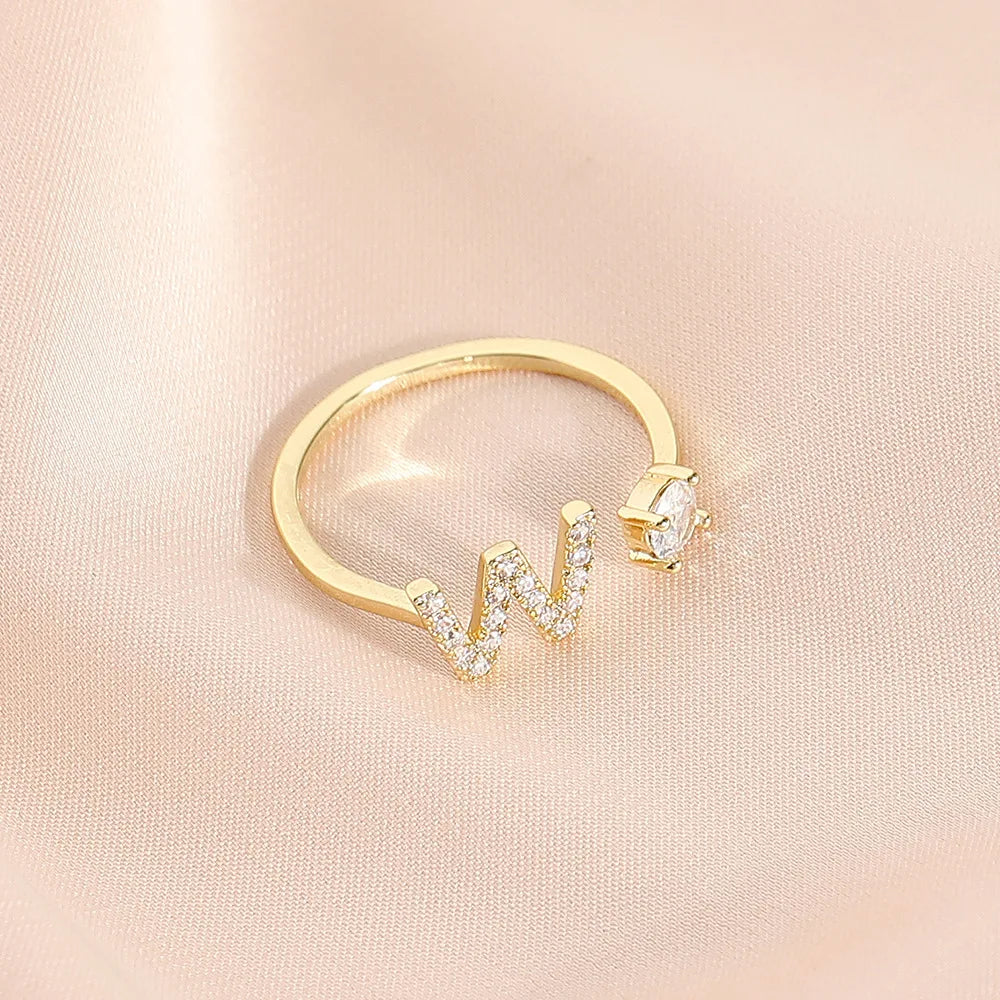 925 Sterling Silver Letter Gold Stackable Alphabet Rings with Initial Adjustable Crystal Inlaid Initial Rings Bridesmaid Gift