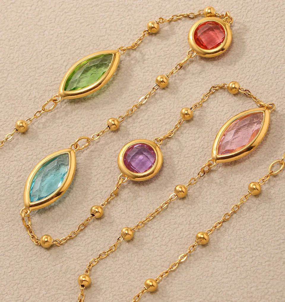Stainless Steel Chain Necklaces Bracelet For Women 18k Gold Plated With Colorful Faceted Czech Glass Crystal Necklace Bracelets