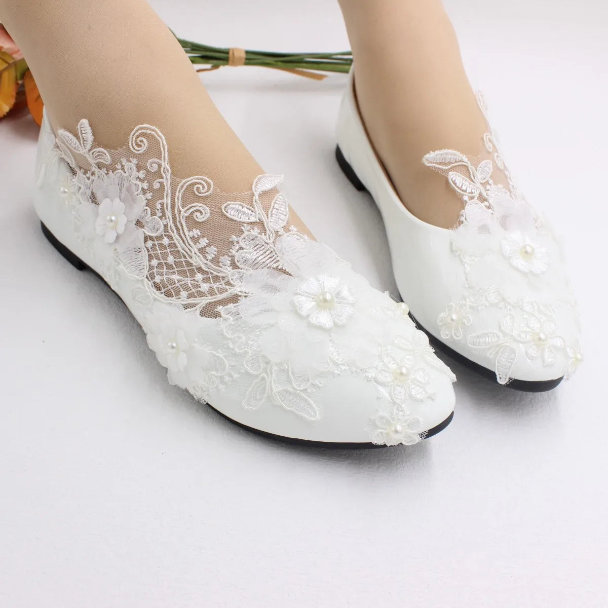 New Spring Lace Wedding Shoes White Flat Bride Shoes Original Design Princess Women's Single Shoes Suitable for Wedding Dress Ph