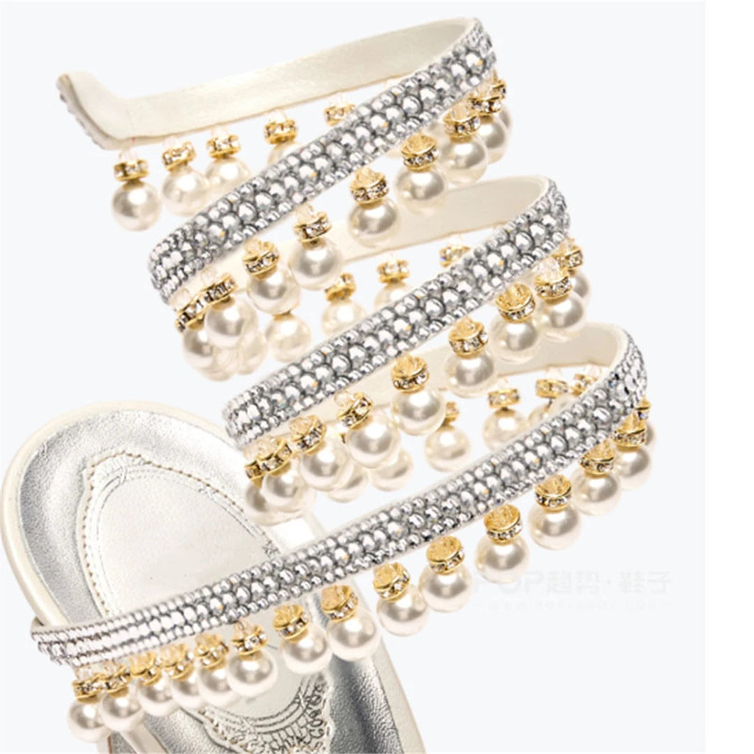 Summer new pearl rhinestone wrapped sexy waterproof platform sandals thin high-heeled banquet dress large size women's shoes