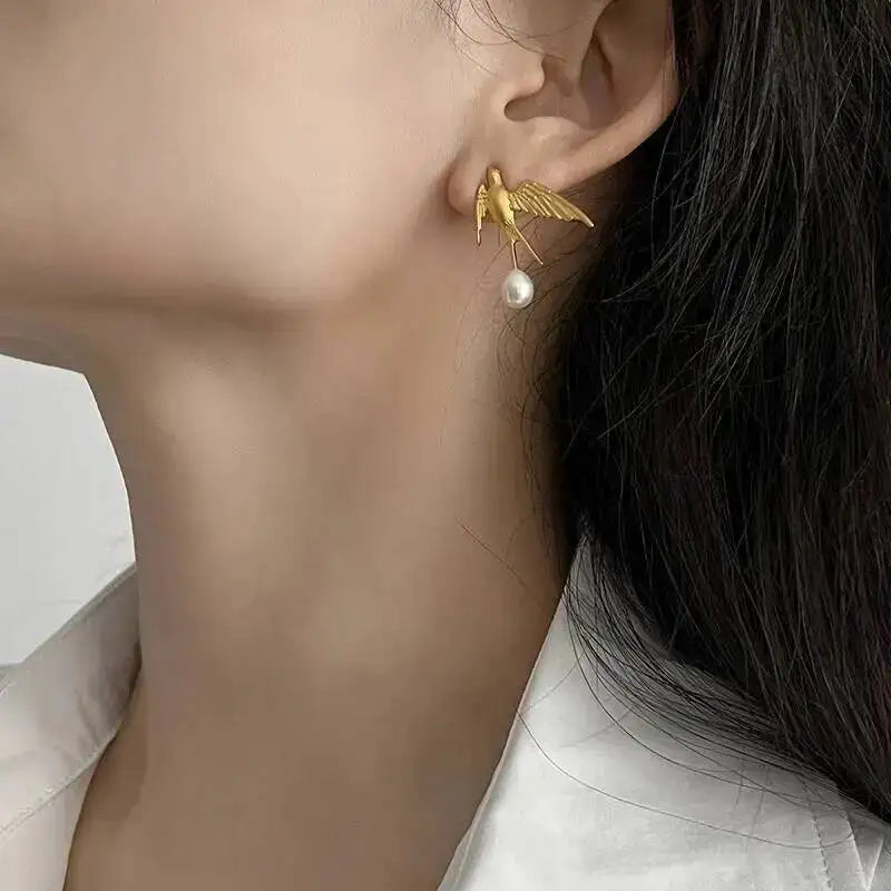 GEEZENCA 925 Silver Pearl 3D Swallow Bird Statement Earrings Women Designer Trendy Dainty Unique Stud Earring Party Gift For Her