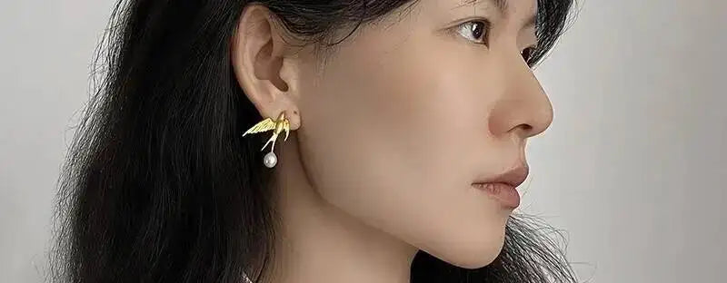 GEEZENCA 925 Silver Pearl 3D Swallow Bird Statement Earrings Women Designer Trendy Dainty Unique Stud Earring Party Gift For Her