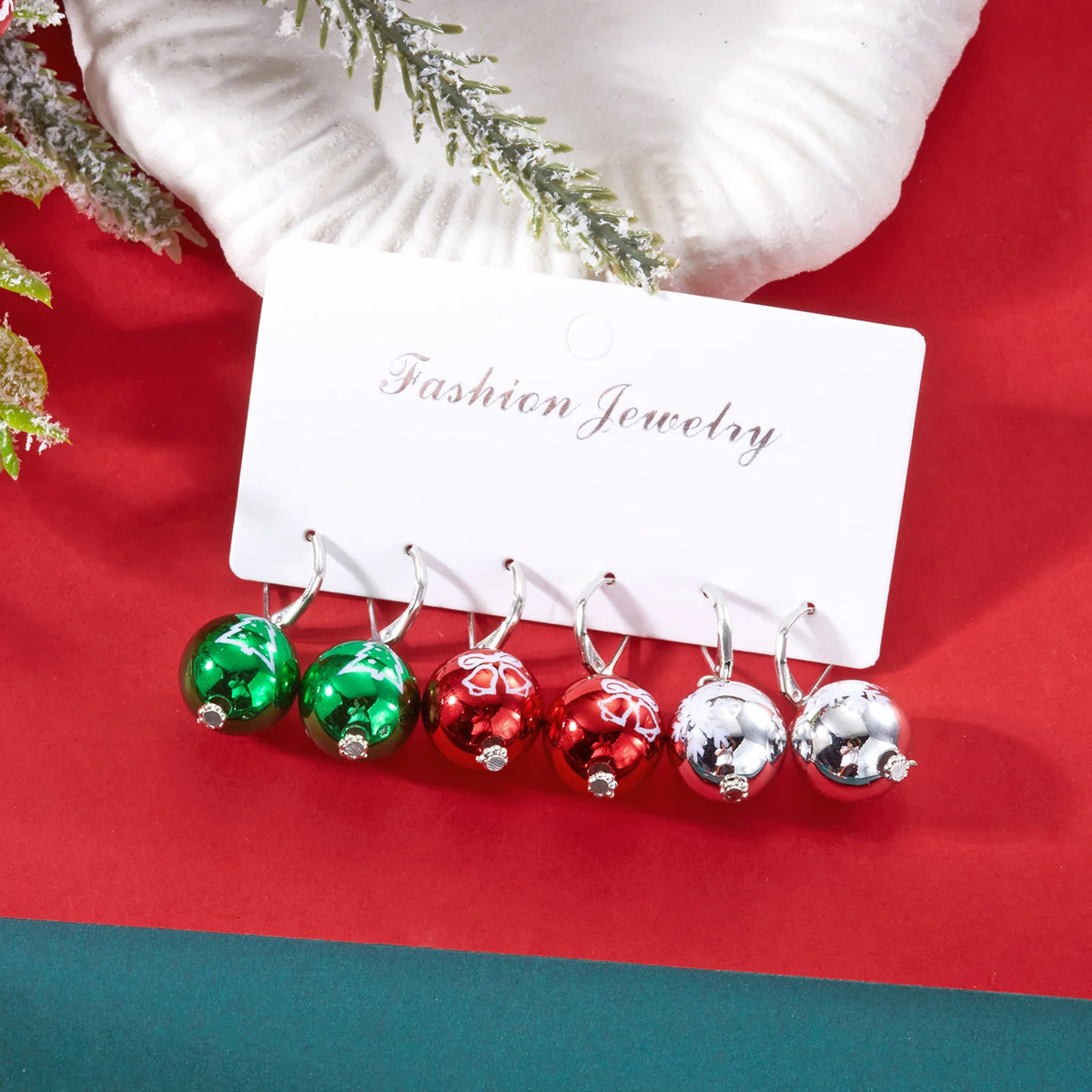 3 Pairs/Set Creative Acrylic Ball Hoop Earrings for Women Christmas Printing Snowflake Bell Ball Dangle Earring New Year Jewelry