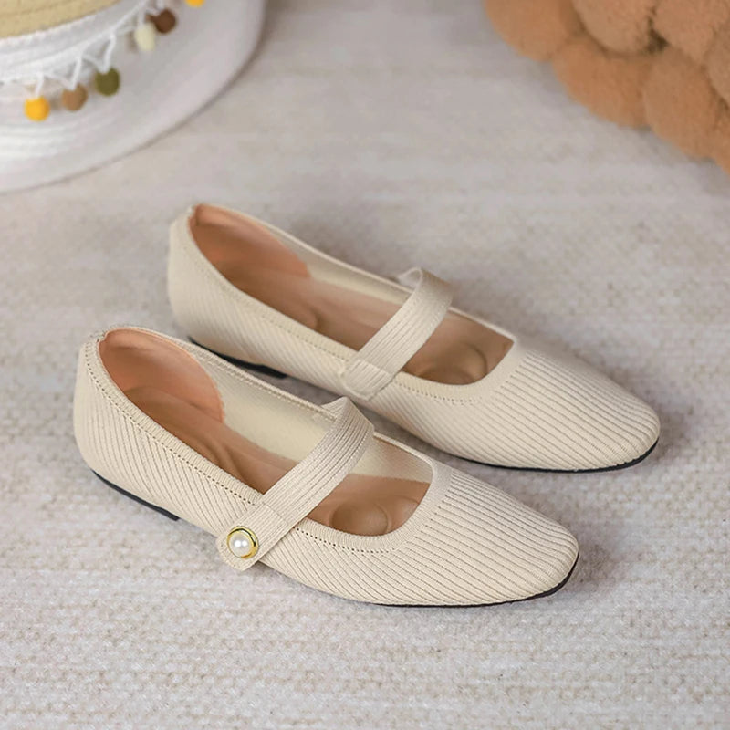 2024 Leisure Weaving Flats Women Ankle Strap Pearl Mary Stretch Fabric Ballerina  Knitting Moccasins  Mesh Ballet Solid Color