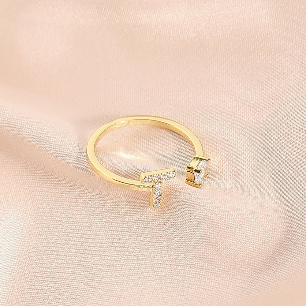 925 Sterling Silver Letter Gold Stackable Alphabet Rings with Initial Adjustable Crystal Inlaid Initial Rings Bridesmaid Gift